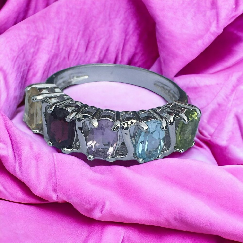 Lovely Sterling Silver Women's Multi-Stone Ring, Size 7, Garnet Amethyst Topaz - Picture 1 of 10
